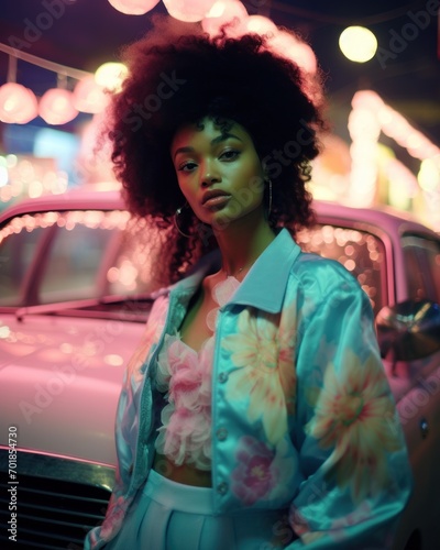Chic young woman posing confidently in front of a vintage car, surrounded by city night lights © Glittering Humanity