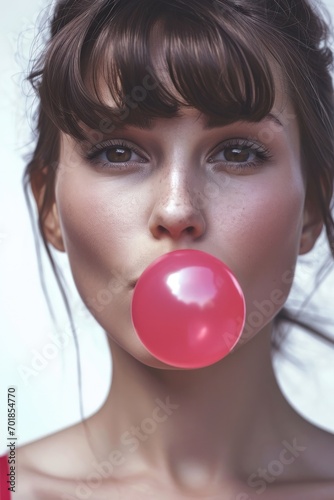 Close-up beauty portrait of a woman with bangs blowing a pink bubble gum bubble, on the white background