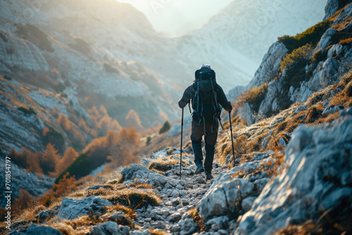 Mountain Stroll: Tourist with Trekking Poles