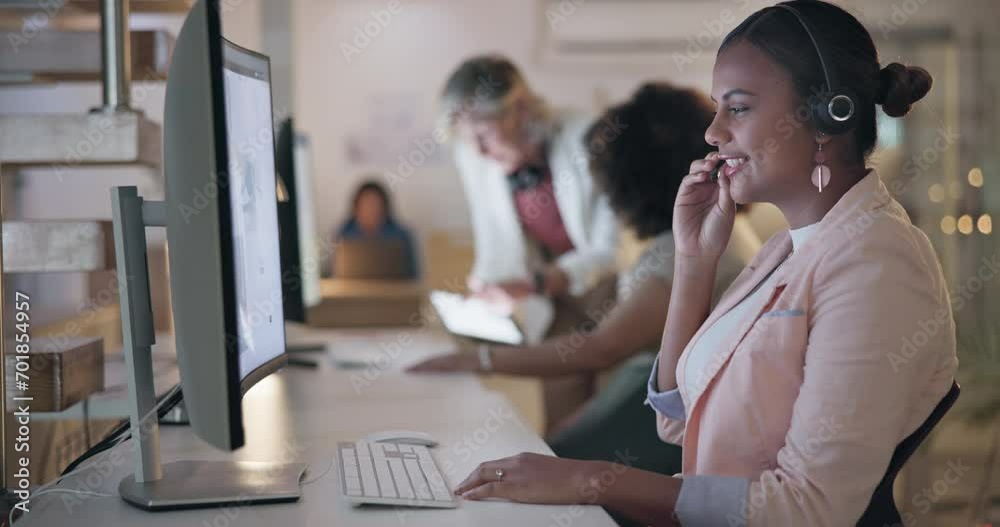 Talking, call center or happy woman consultant speaking in telecom customer support service at office. Friendly, communication or virtual assistant with headset mic in CRM for online advice or help