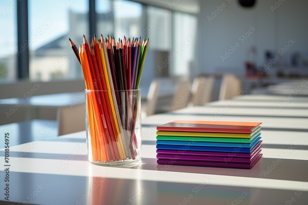 office desk with pencils in a stand and a stack of notebooks. copy space office desk with pencils in a stand and a stack of notebooks. copy space