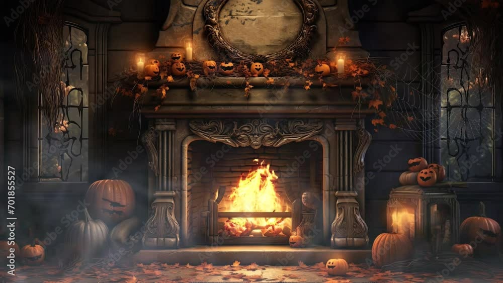 halloween night decorative with fireplace and bat in the house. seamless looping time-lapse virtual video animation background. halloween night decorative with fireplace and bat in the house. seamless looping time-lapse virtual video animation background.