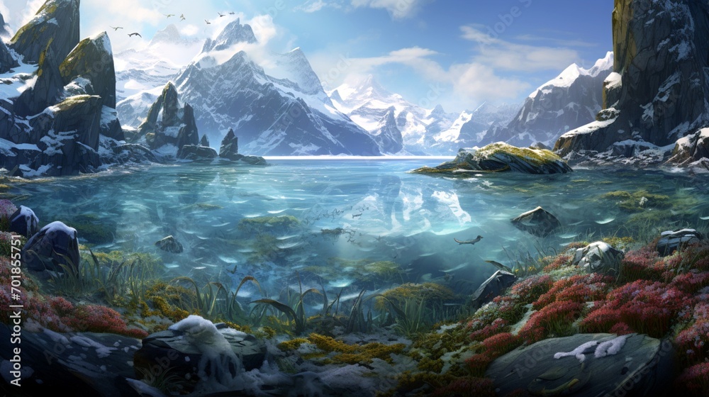 A breathtaking panorama of a glacier-carved fjord teeming with marine life.