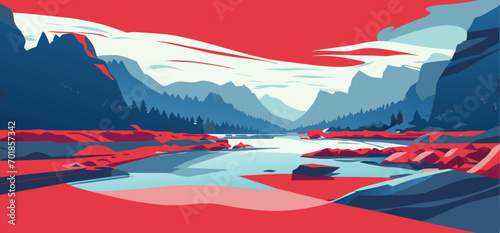 vector illustration of landscape with mountains and river