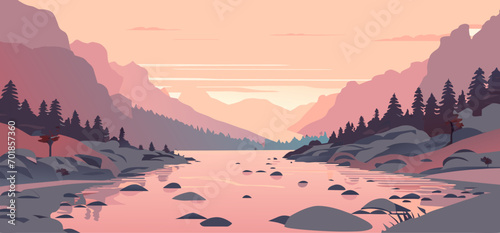vector illustration of landscape with mountains and river