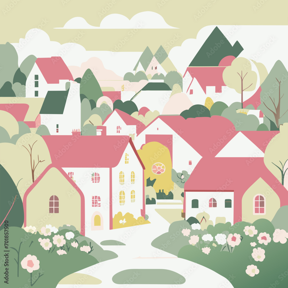 color illustration of a small town (village) in pastel colors