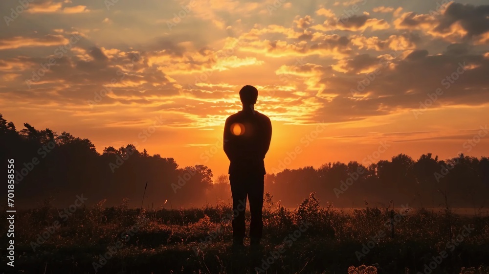 The concept of contact with God through prayer, belief in supernatural powers, silhouette of a praying man