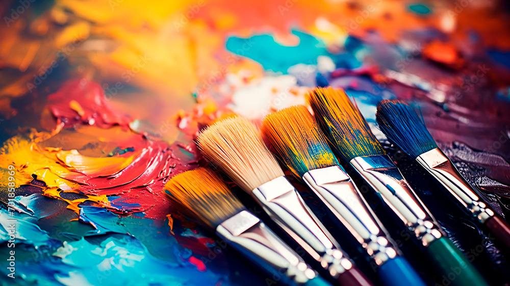 Artist's brushes in the bank. Creator's workplace. Background