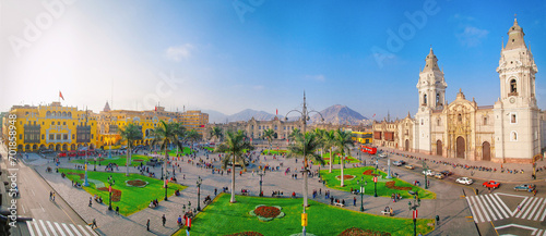 LIMA - PERU: View of the cathedral church and main square in the center of the city.
