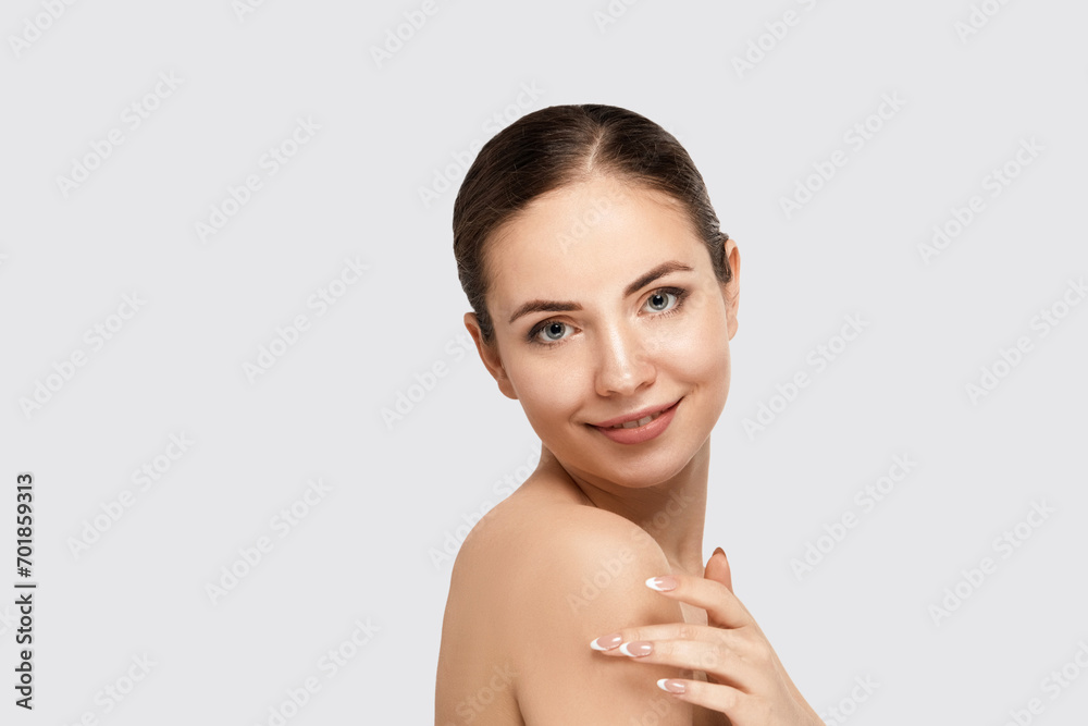 Beauty Woman Cosmetics. Portrait Of Female Perfect Clean Skin. Care Healthy Skin. Facial  Treatment. Cosmetology, Beauty And Spa.