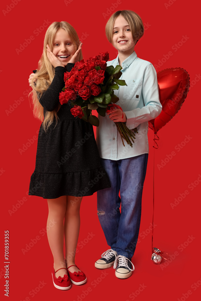 Little children with roses and balloon on red background. Valentine's Day celebration Little children with roses and balloon on red background. Valentine's Day celebration