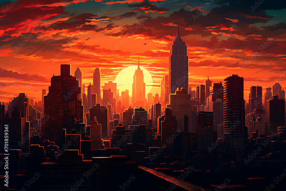 Fototapeta premium Cityscape illuminated, skyscrapers stretch towards the setting sun.