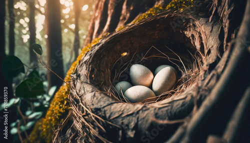 eggs in the bird nest on the tree, forest wildlife photo