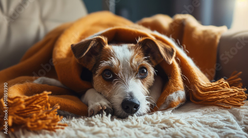 Adult domestic dog relaxes tucked away in a plaid blanket during the cold winter season. Dog hiding in a warm blanket, cold in the apartment, heating season.