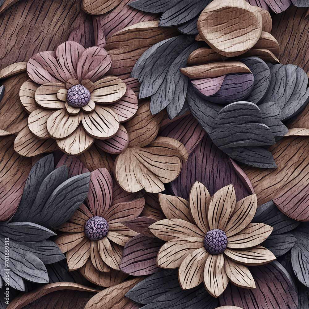 Seamless decorative wooden flowers pattern background Seamless decorative wooden flowers pattern background