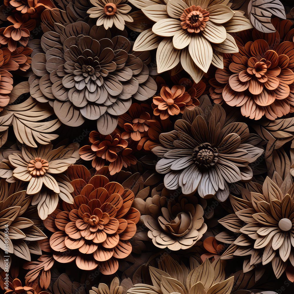 Fototapeta premium Seamless decorative wooden flowers pattern background
