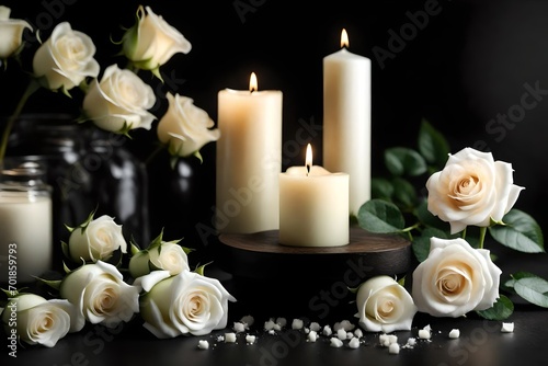 candle and rose petalsFront view of Valentine   s Day romantic scene with gift  candles  petals of white roses  chimney fire and glasses of champagne. Concept about lifestyle  love and celebrations. 