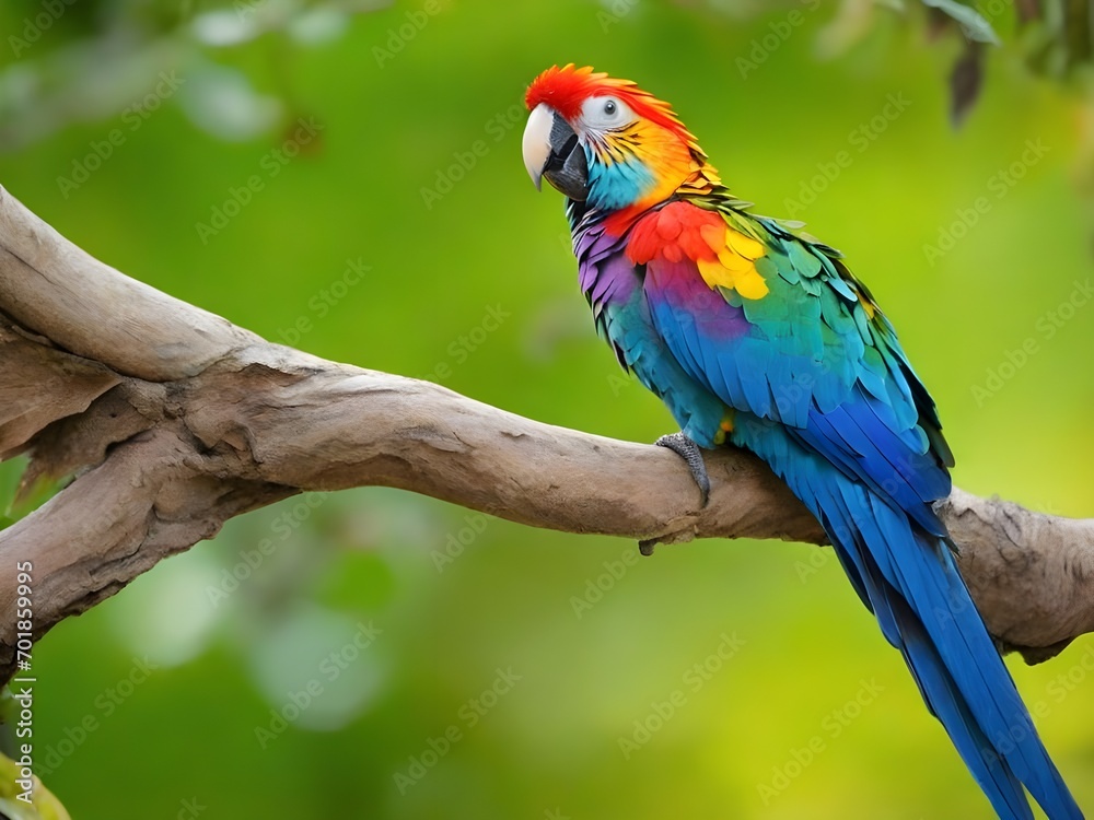 A rainbow-colored parrot perched on a branch