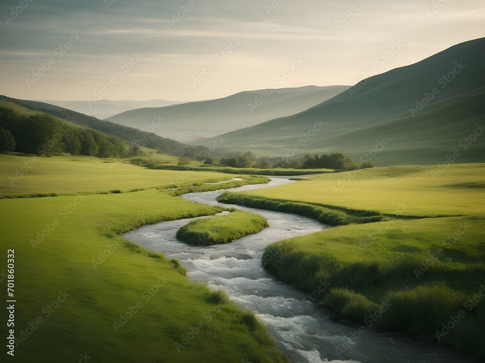 A peaceful meadow with a winding river.