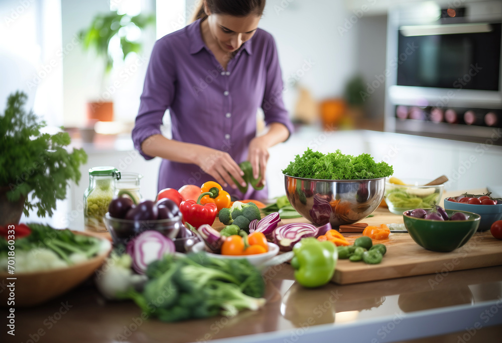 table full of fresh vegetables, a woman preparing healthy food in a modern home kitchen in background. Dieting and healthy Lifestyle concept