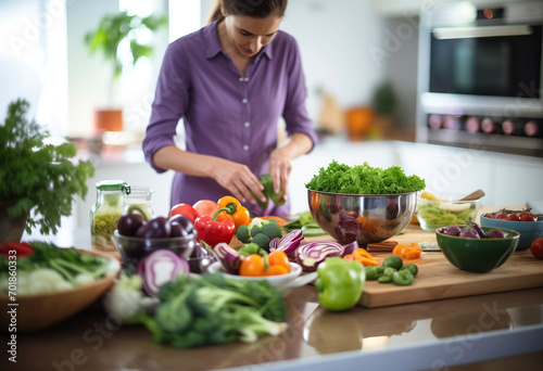 table full of fresh vegetables, a woman preparing healthy food in a modern home kitchen in background. Dieting and healthy Lifestyle concept