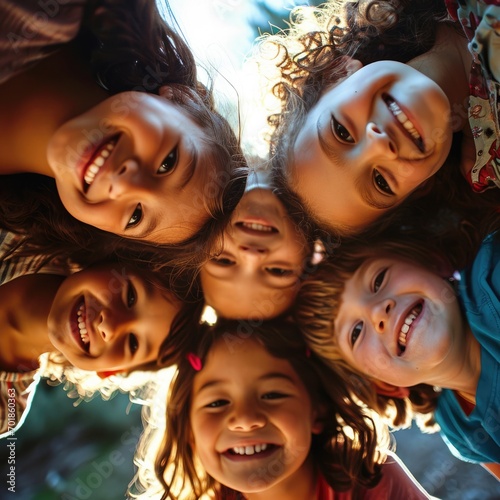 Group of joyful children forming a circle and looking down at the camera, with sunlight filtering through on a bright day