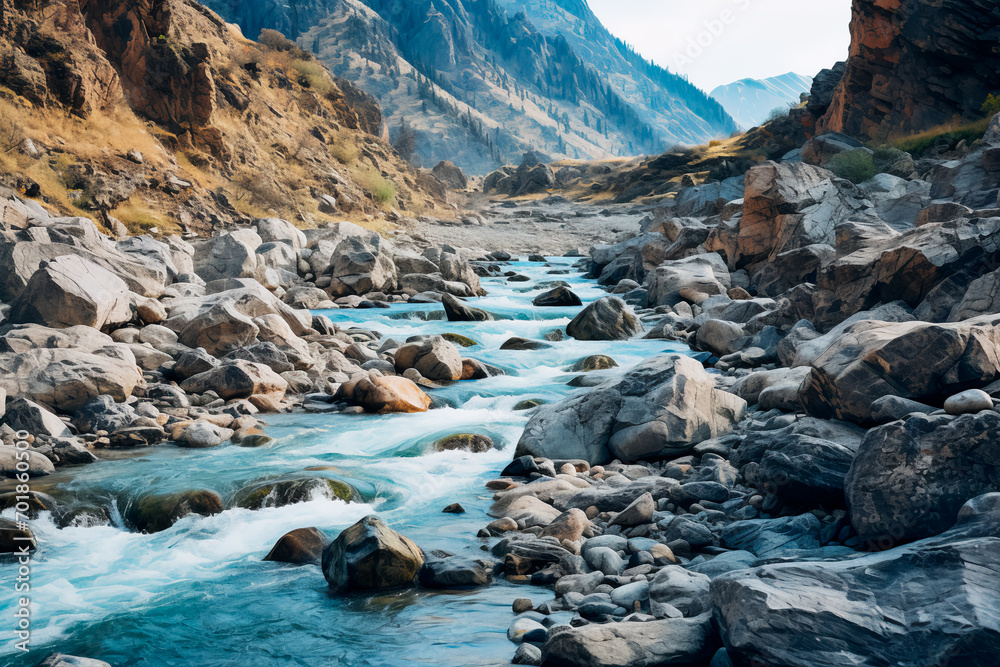 A winding river carves through rugged terrain, showcasing nature's formidable forces in action.