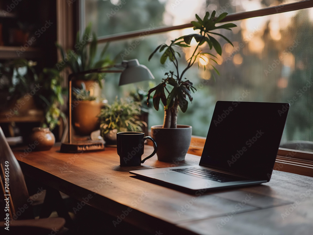 A minimalist desktop with a wooden desk, a sleek silver laptop, a potted plant A minimalist desktop with a wooden desk, a sleek silver laptop, a potted plant