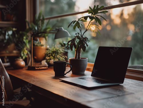 A minimalist desktop with a wooden desk, a sleek silver laptop, a potted plant