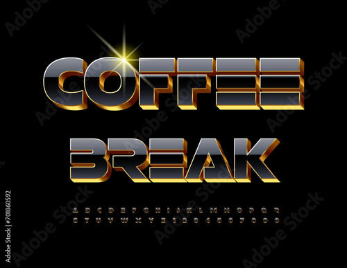 Vector unique poster Coffee Break. Abstract style Font. Gold and Black Alphabet Letters and Numbers set.