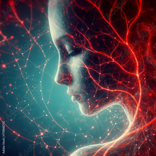 Health care and medicine concept. Abstract visualization of red human veins and blood vessels web. ai generative photo