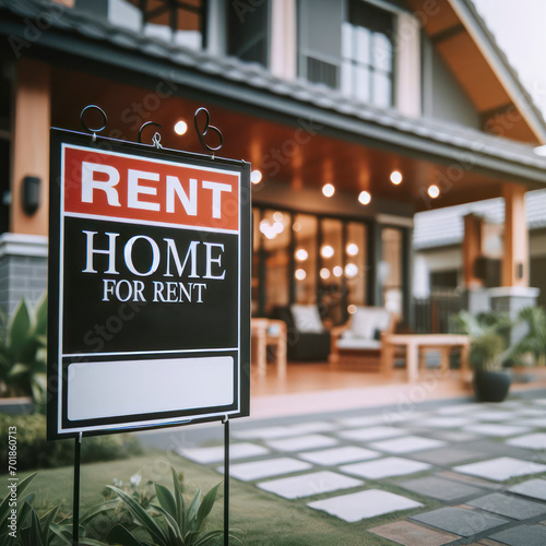 Home For RENT Real Estate Sign In Front of House on blure background. ai generative photo