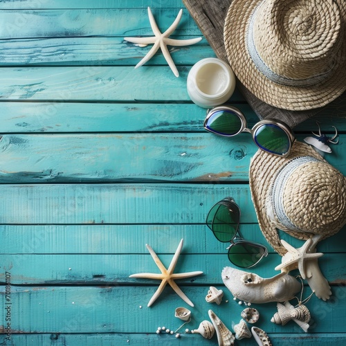 Flat lay of beach holiday items including a straw hat, sunglasses, and starfish on a vibrant blue wooden surface