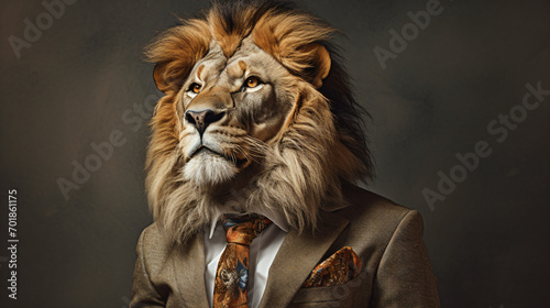 Lion wearing a suit semi lateral view