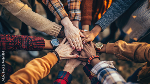 A top-down view of a group of friends stacking their hands together, symbolizing unity, teamwork, and mutual support in a casual setting. photo