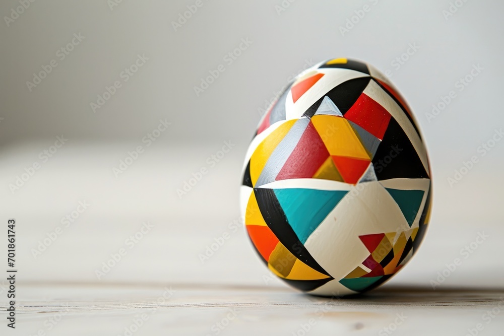 An intricately designed decorative egg with geometric patterns displayed in a modern home setting, complemented by soft interior decor