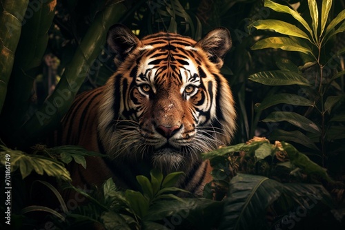 beautiful bengal tiger with lush green habitat background