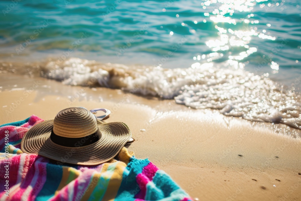 A colorful beach towel, straw hat, and flip-flops laid out on the sand as waves gently lap the shore, evoking a leisurely day at the beach A colorful beach towel, straw hat, and flip-flops laid out on the sand as waves gently lap the shore, evoking a leisurely day at the beach