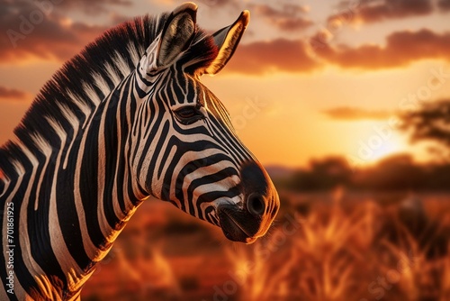 A wide angle shot of a zebra as the sun sets