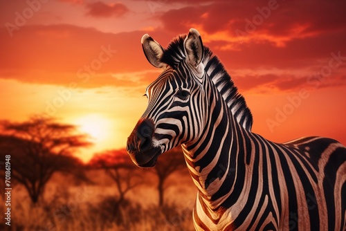 A wide angle shot of a zebra as the sun sets