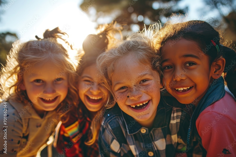 A close-up of a diverse group of children laughing and huddled together with the sun setting behind, creating a warm, glowing backdrop.