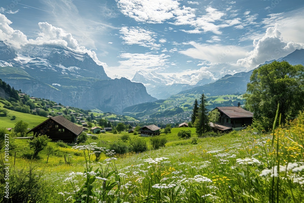 Breathtaking view of an alpine valley with lush green meadows dotted with wildflowers, framed by majestic snow-capped mountains under a dynamic sky.