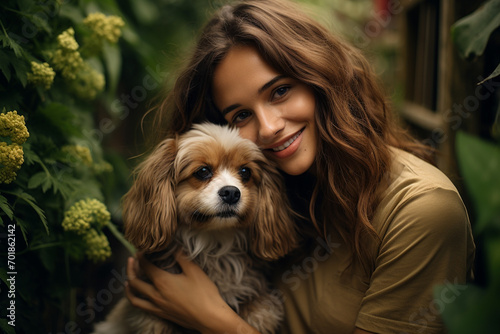 Close-up portrait of an attractive woman and a beautiful brown dog in the park. Love, care for a pet.
