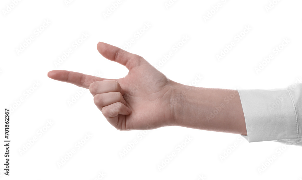 Woman pointing with index finger on white background, closeup. Responsibility concept Woman pointing with index finger on white background, closeup. Responsibility concept