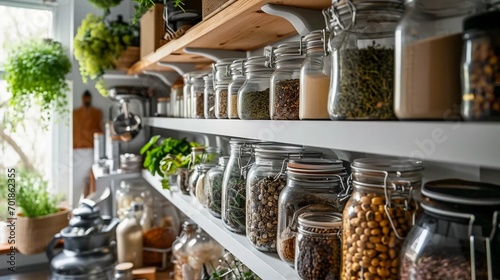 Fototapeta Naklejka Na Ścianę i Meble -  Shelves with spices, home pantry, jars with herbs