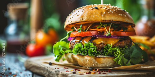 Vegan burger on the table. Generative AI. photo