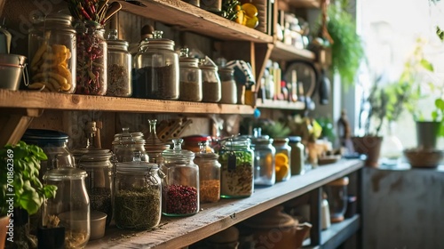Various herbs in glass jars, pantry with organic herbs, medicines of natural origin photo