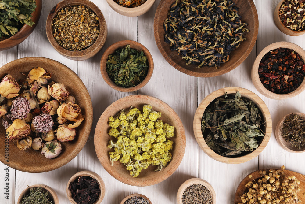 Many different dry herbs and flowers in bowls on white wooden table, flat lay Many different dry herbs and flowers in bowls on white wooden table, flat lay