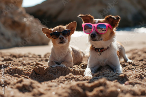 Cat and Dog Wearing Sunglasses on the Beach