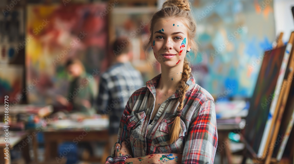 Joyful young artist with paint on her face and clothes is standing in a colorful art studio filled with paintings.